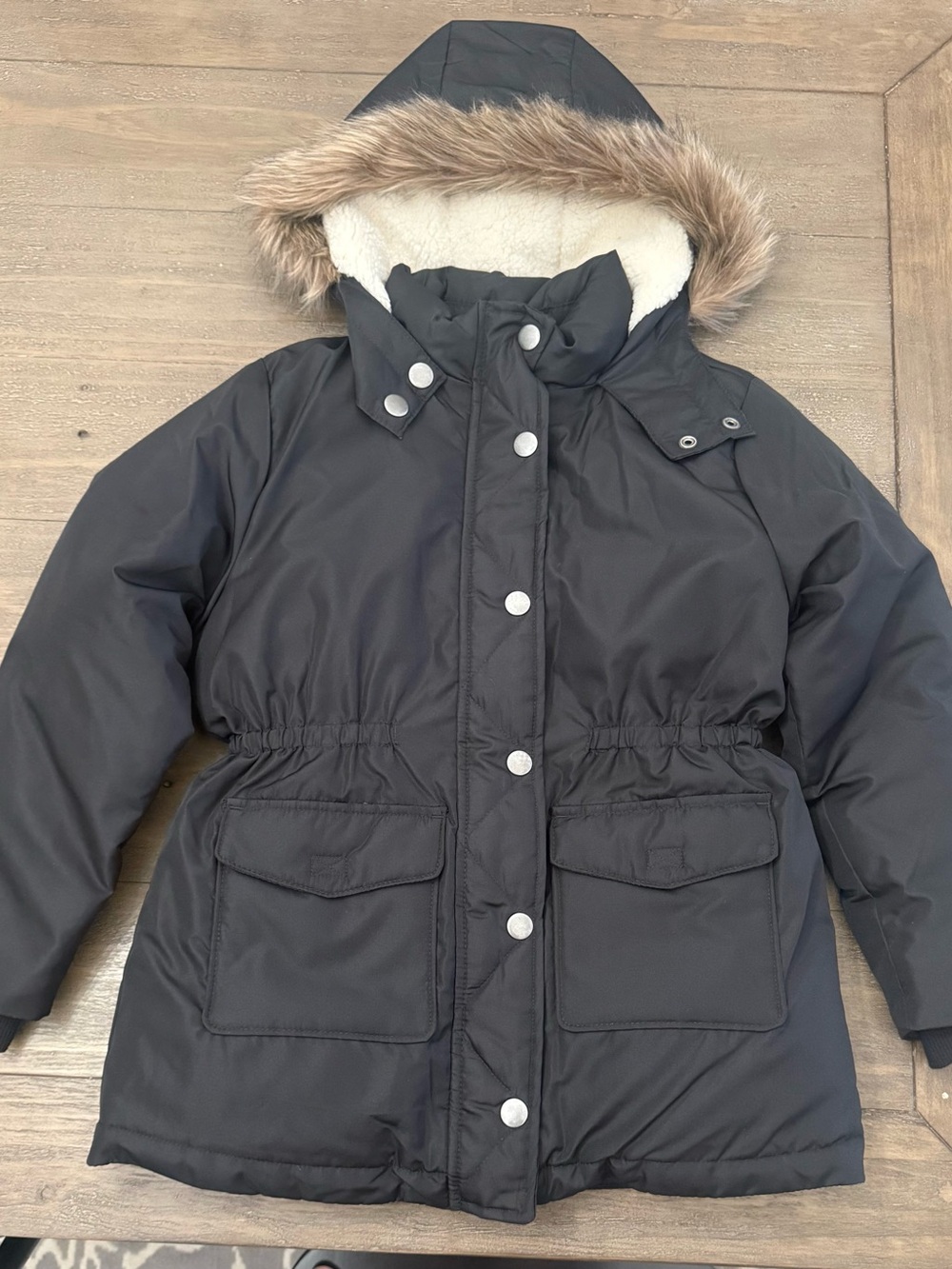Kids Black Hooded Parka Jacket with Faux Fur Trim